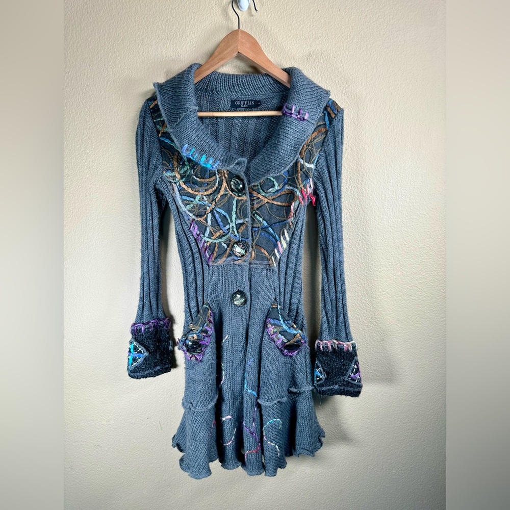 Grifflin Women’s Gray Knit Cardigan Sweater with Colorful Accents RARE